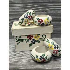 4 Napkin Rings Hand Painted Floral in Decorative Cardboard Box Red Yellow Blue